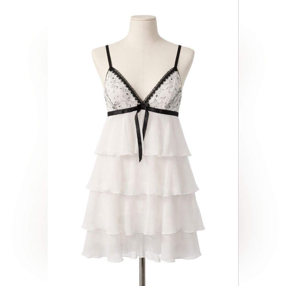 In Bloom Nightgown Ivory/Black Y2K Babydoll Bridal Lace Dress Sz L Fairy Tiered